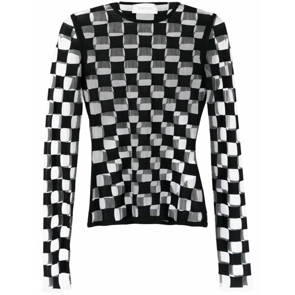 スポーツマックス レディース Tシャツ トップス Checkerboard-print long-sleeve top Black|asty