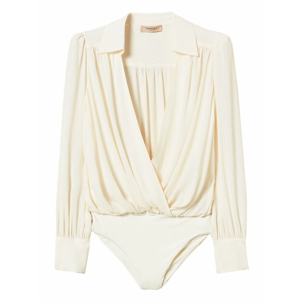 ツイン書き割り レディース プルオーバー トップス Gathered wrap-effect bodysuit blouse White