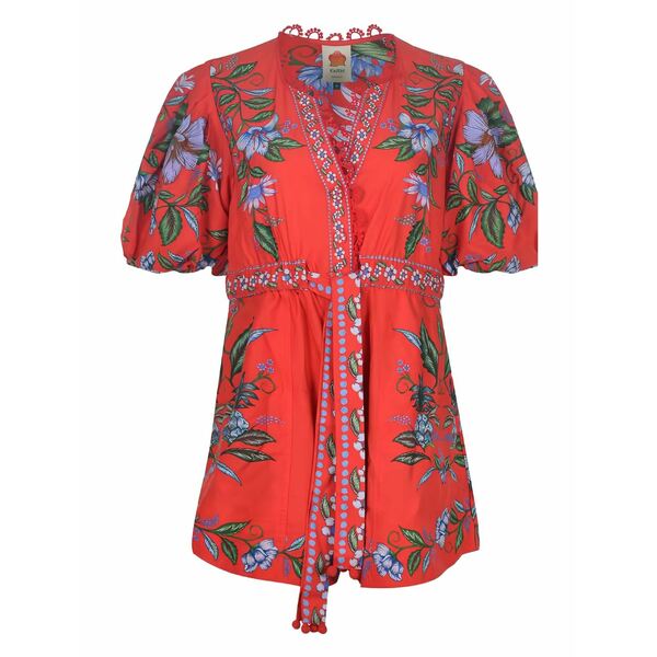 耕園 リオ レディース 衣裳 トップス Puff-sleeve floral-print jumpsuit Red
