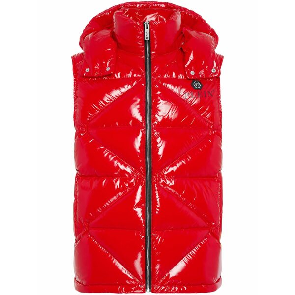 フィリッププレイン メンズ ジャケット＆ブルゾン アウター Hexagon logo-plaque padded gilet Red｜asty