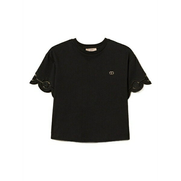 ツイン書き割り レディース ティーシャツ トップス Scalloped-lace cotton t-shirt Blue