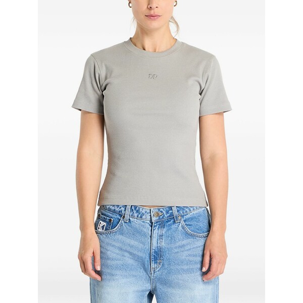 デイリー・ペーパー レディース Tシャツ トップス Ribbed-knit logo-embroidered t-shirt Grey|asty