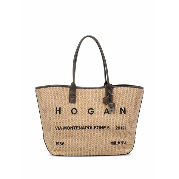 ホー火器 レディース トートバッグ 御徒面子 Medium address frontal-logo raffia tote bag Neutrals