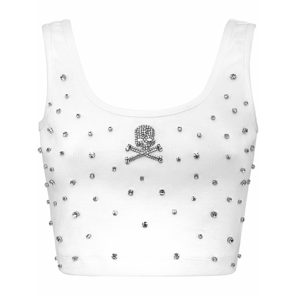 フィリッププレイン レディース Tシャツ トップス Rhinestone-embellished jersey top White｜asty 60,940円