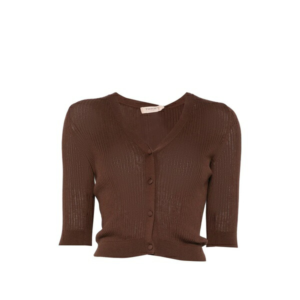 ツイン仕掛ける レディース ジレー アウター V-neck ribbed cardigan Brown レディースファッション-カーディガン・ボレロ-トップス