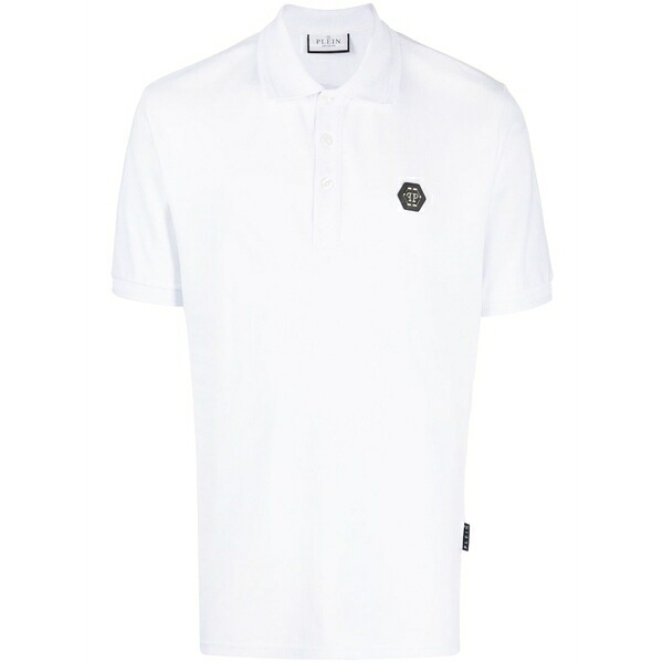 フィリッププレイン メンズ ポロシャツ トップス Logo-patch short-sleeve polo shirt White|asty