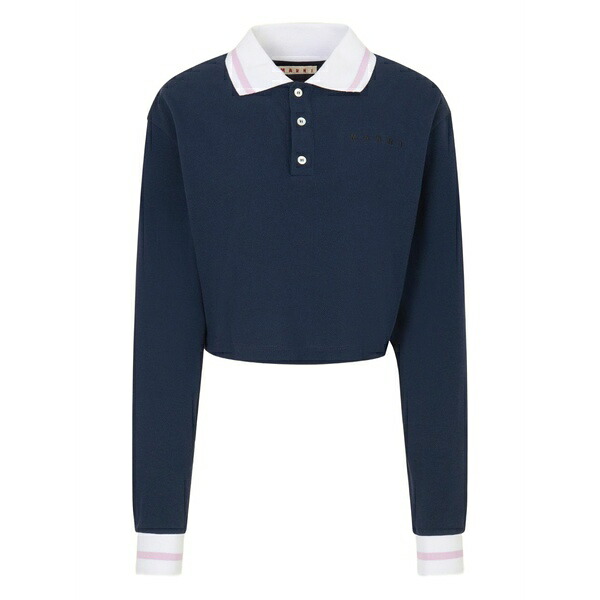マルニ レディース スポーツシャツ トップス Long-sleeve striped-trim polo shirt Blue