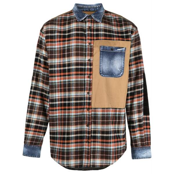 ディースクエアード メンズ シャツ トップス Denim-details check-pattern shirt Brown|asty