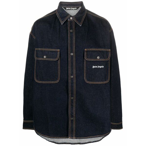 パーム・エンジェルス メンズ シャツ トップス Logo-embroidered denim shirt Blue|asty