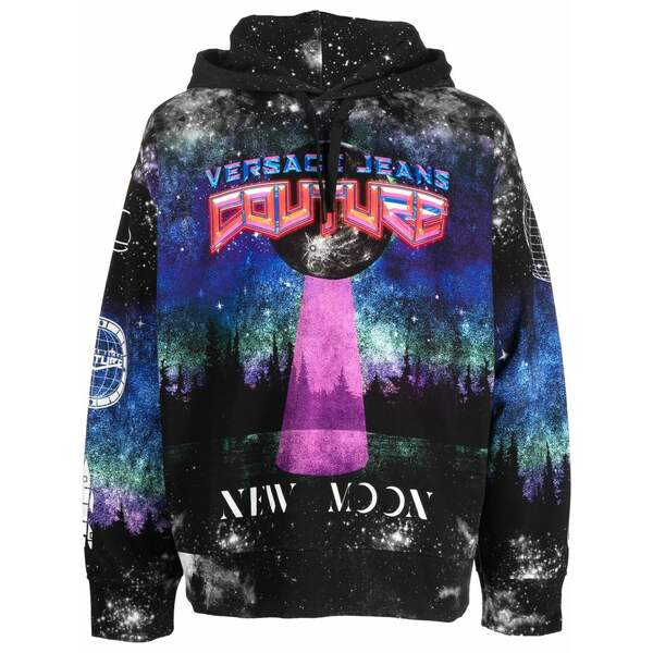ベルサーチ メンズ パーカー・スウェットシャツ アウター Graphic-print drawstring hoodie Black｜asty