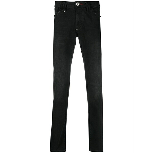 フィリッププレイン メンズ デニムパンツ ボトムス Logo-plaque slim-leg jeans Black｜asty