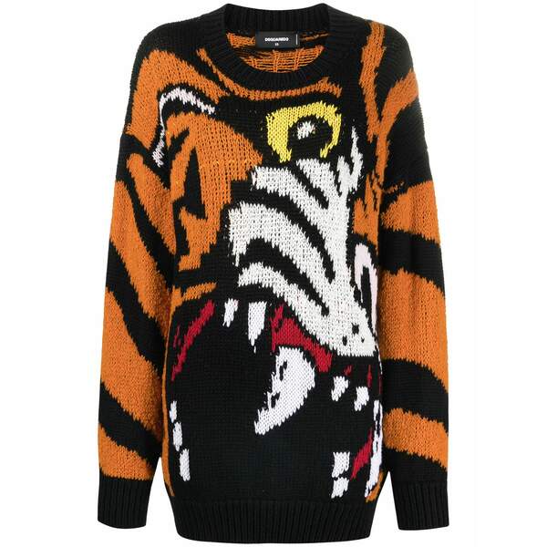 ディースクエアード レディース 編み物\u0026スウェーター アウター Tiger-intarsia jumper Orange