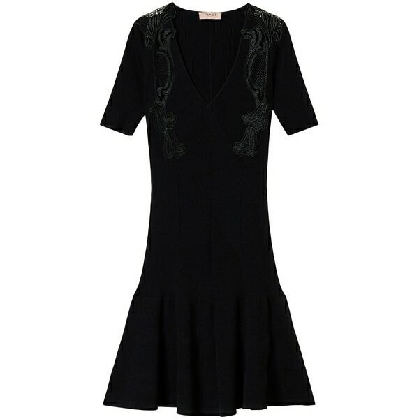 ツインセット レディース ワンピース トップス Lace-detail rib-knit minidress Black｜asty