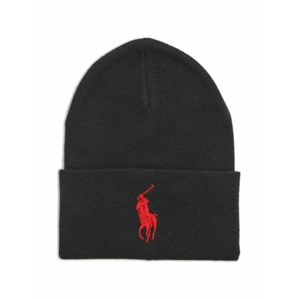 ラルフローレン メンズ かぶり笠 付属品 Big pony cuff beanie hat Black