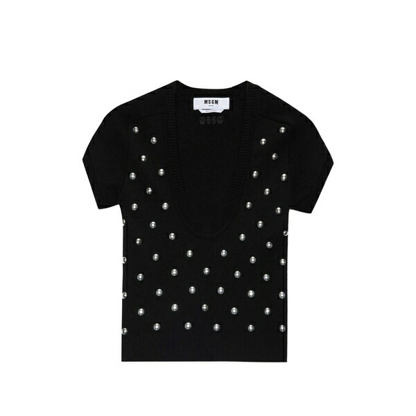 エムエスジイエム レディース Tシャツ トップス Studded-embellished t-shirt Black｜asty