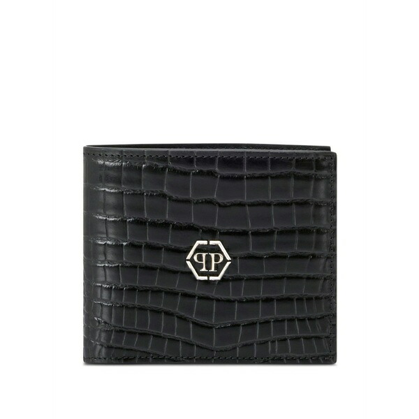 フィリップ飾り気の無い メンズ 銭入れ 添え物 Logo-detail leather wallet Black
