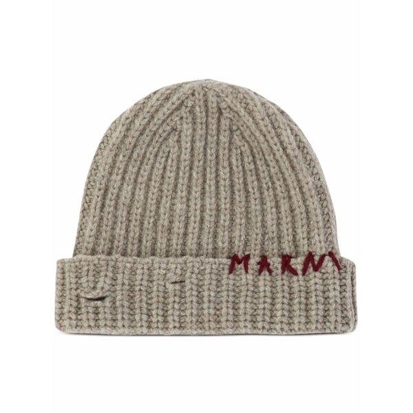 マルニ レディース 帽子 アクセサリー Logo-embroidered ribbed-knit beanie Neutrals｜asty