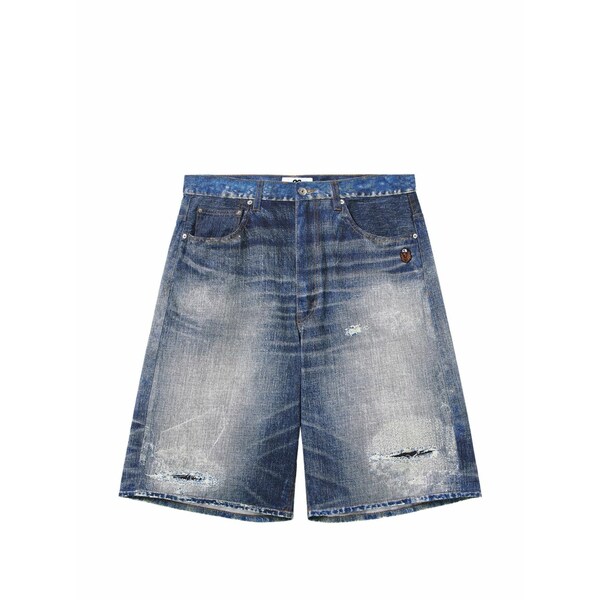 黒茶 メンズ 心地よいズボン下 ボトムス Distressed faded-effect shorts Blue