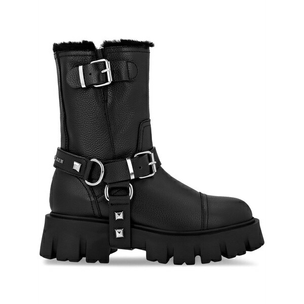 フィリップ飾り気の無い レディース ブーツ シューズ Studded ankle leather boots Black