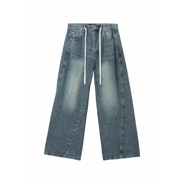 ミニ皮膚軟化剤 レディース ジーンズズボン下 ボトムス Drawstring wide-leg jeans Blue