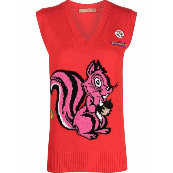 コルミオ レディース 編み物\u0026プルオーバー アウター Squirrel-print knit vest Red