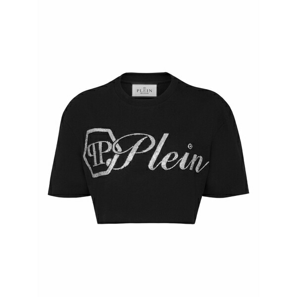 フィリップ飾り気のない レディース ティーシャツ トップス Crystal signature cropped t-shirt Black