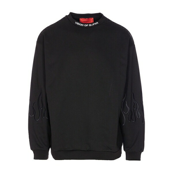 ヴィジョン・オブ・スーパー メンズ パーカー・スウェットシャツ アウター Flame-embroidered crewneck sweatshirt Black