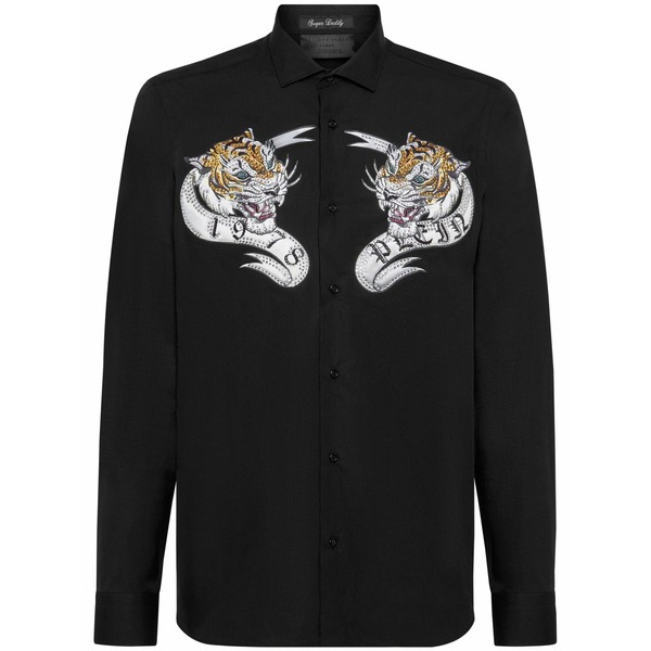 フィリップ飾り気の無い メンズ プルオーバー トップス Tiger-print embellished shirt Black