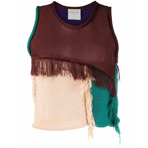 フォルテ フォルテ レディース カットソー トップス Colour-block frayed knitted top Brown|asty