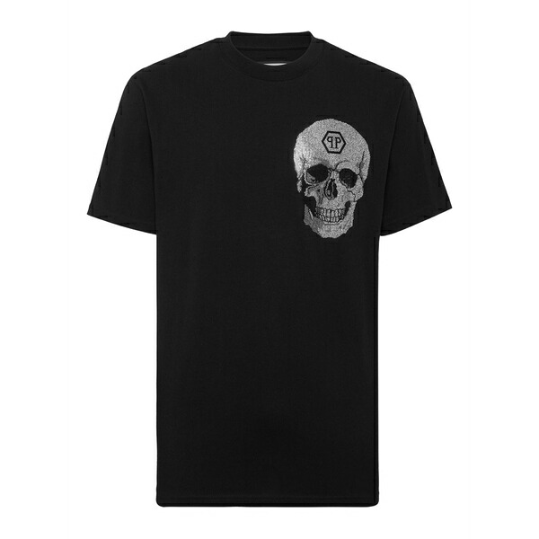 フィリップ飾り気のない メンズ ティーシャツ トップス Crystal-embellish cotton t-shirt Black
