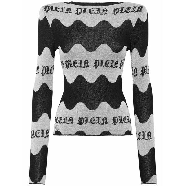 フィリッププレイン レディース Tシャツ トップス Wave-jacquard long-sleeve top Grey｜asty