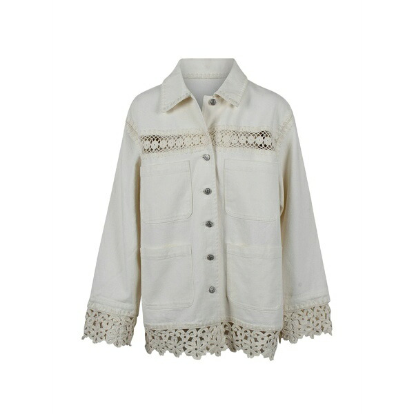 シー レディース ジャケット&ブルゾン アウター Crochet-trim denim jacket Neutrals|asty