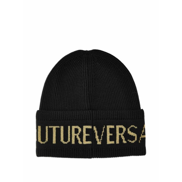 ベルサーチ メンズ 帽子 アクセサリー Logo-detail ribbed-knit beanie Black|asty