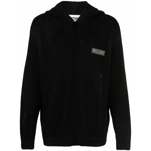 モスキーノ メンズ パーカー・スウェットシャツ アウター Logo-patch open-knit hoodie Black