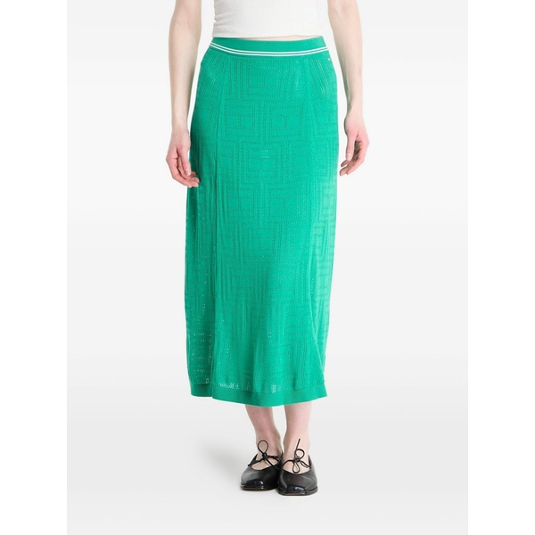トミー ヒルフィガー レディース スコート ボトムス Monogram-knit striped-trim MIDI skirt Green