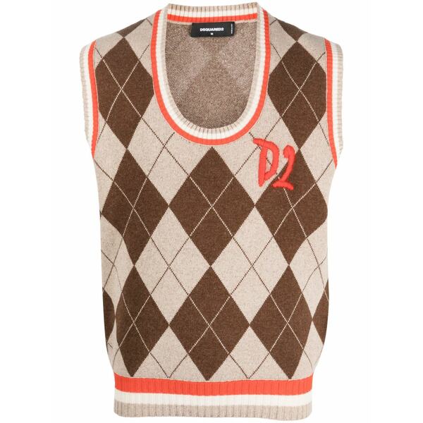 ディースクエアード メンズ 編み物\u0026プルオーバー アウター Argyle-patern wool-silk vest Brown