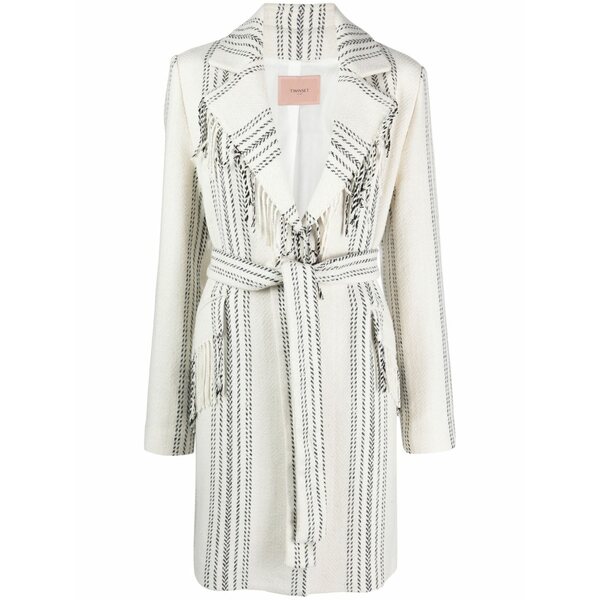 ツイン書き割り レディース 厚地の外套 アウター Jacquard fringed coat White