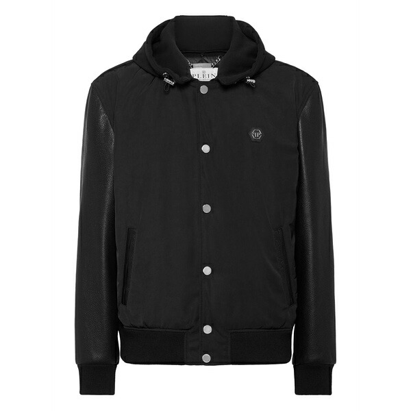 フィリップ飾り気の無い メンズ 上衣＆上衣 アウター Leather-sleeve hooded bomber jacket Black