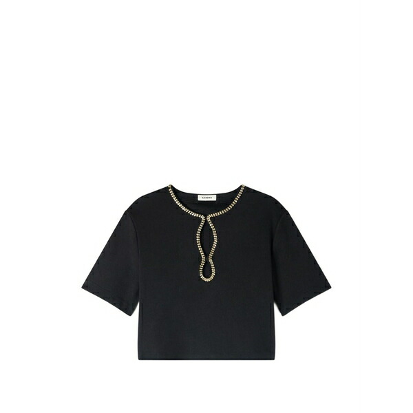 砂子ロ レディース ティーシャツ トップス Rhinestone cropped t-shirt Black