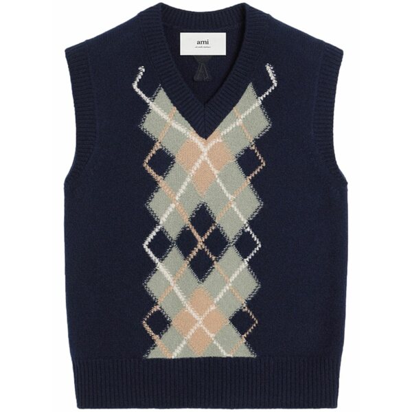 意中の女 メンズ 編み物\u0026ティーシャツ アウター Argyle wool-cashmere blend sleevless jumper Blue