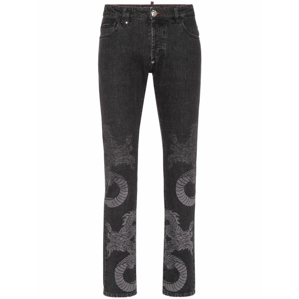 フィリップ飾り気の無い メンズ ジーンズズボン下 ボトムス Dragon-print washed straight-leg jeans Grey