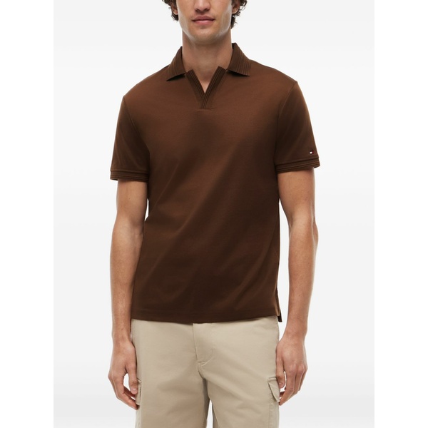 トミー ヒルフィガー メンズ スポーツシャツ トップス Regular-fit ribbed-trim cotton polo shirt Brown
