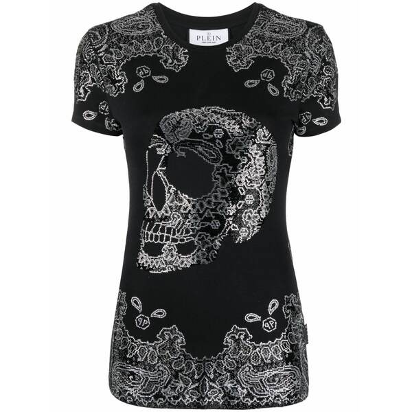 フィリップ飾り気のない レディース ティーシャツ トップス Bandana rhinestone-embellished t-shirt Black