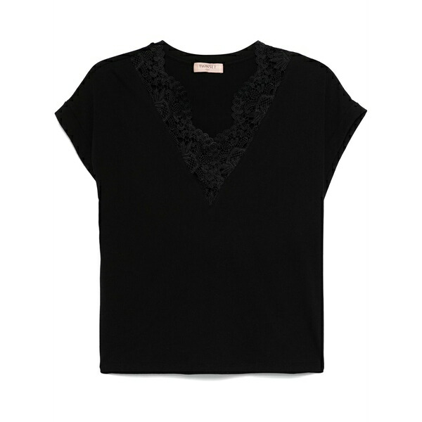 ツイン仕掛ける レディース プルオーバー トップス Lace-detail t-shirt  Black