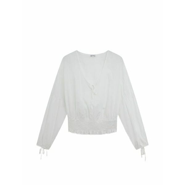 アスペジ レディース シャツ トップス Shirred ruffle trim top White|asty
