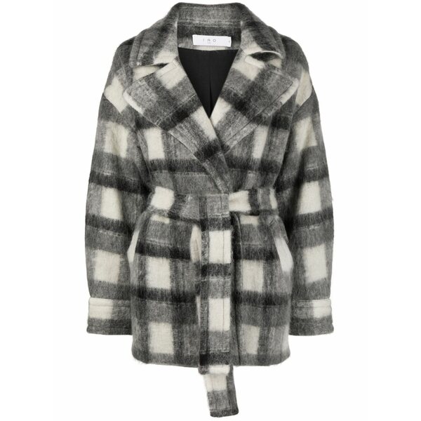 イロ レディース 厚地の外套 アウター Pamae checked belted coat Grey