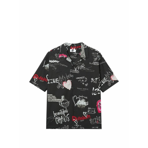 イズエ メンズ プルオーバー トップス Print short-sleeve shirt Black