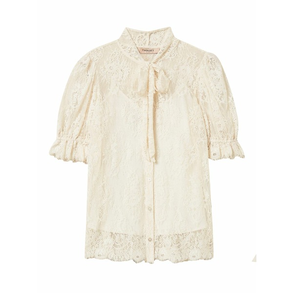 ツインセット レディース シャツ トップス Lace bow-collar shirt White｜asty