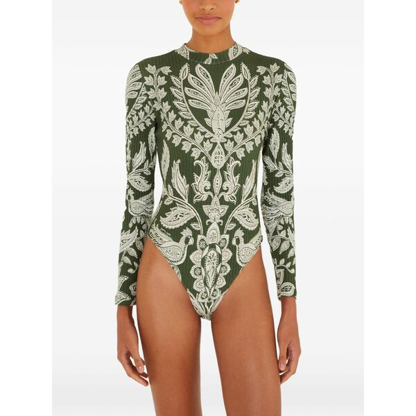 耕園 リオ レディース プルオーバー トップス Long-sleeve printed bodysuit Green