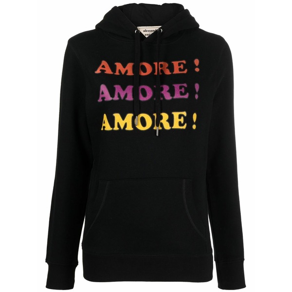 アレッサンドロエンリケス レディース パーカー・スウェットシャツ アウター Slogan-print drawstring hoodie Black|asty